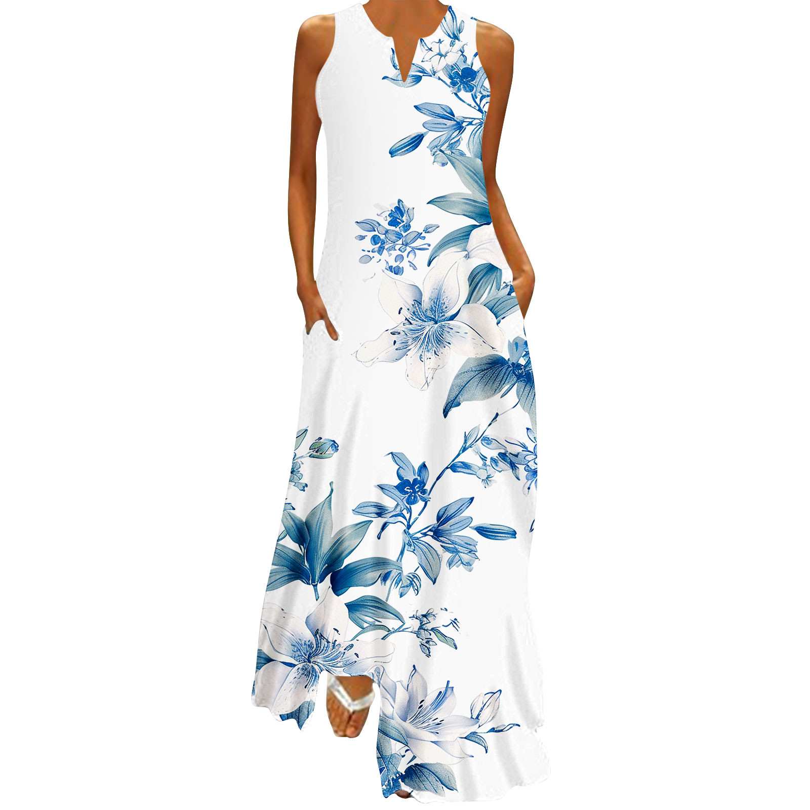 pimelu Dresses for Women Cocktail Dresses for Women Loose Pocket Beach Tank Long Sundresses Summer Fashion Floral Print Sleeveless V-Neck Girls Maxi Sundress